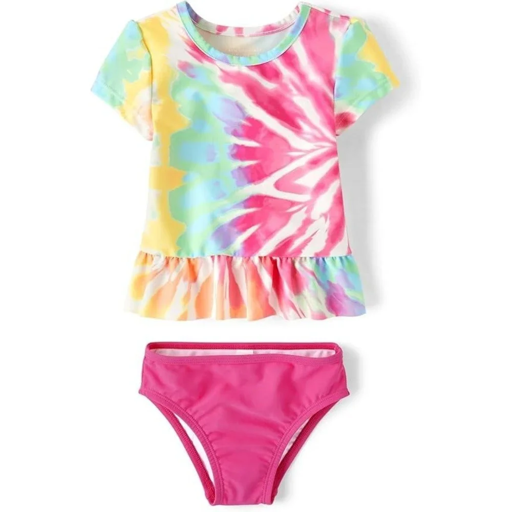 The Childrens Place Girls Tie Dye Peplum Rash Guard Swimsuit Set Pink 5T NEW